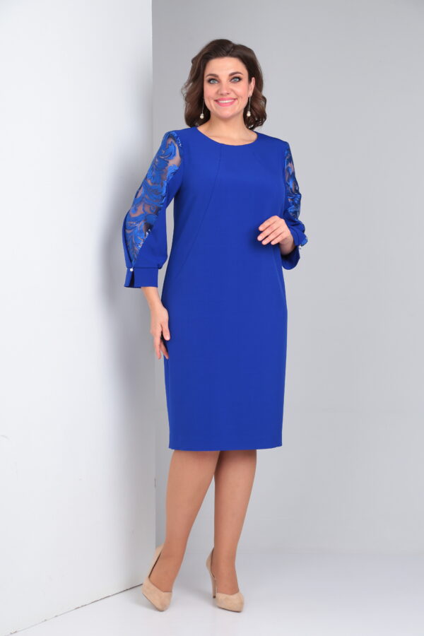 Купить синее платье с кружевом рукава Vilena Fashion 862