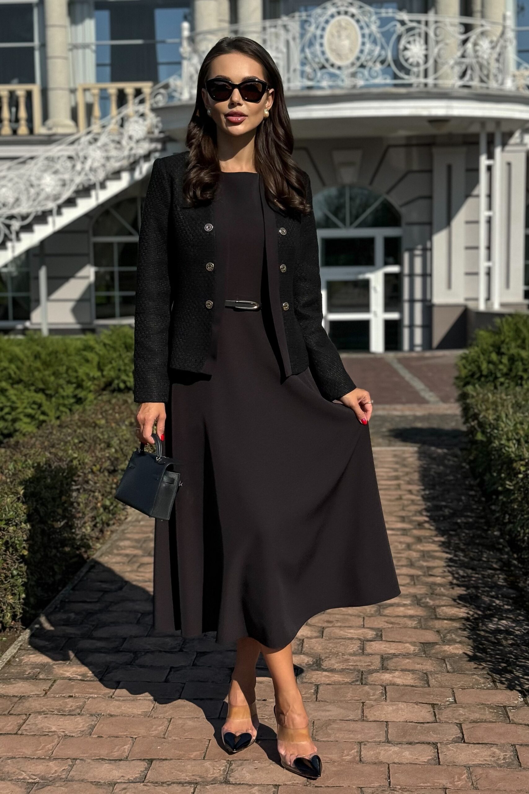 костюм в стиле Шанель Купить костюм URS 24-448-1 черный с жакетом и платьем